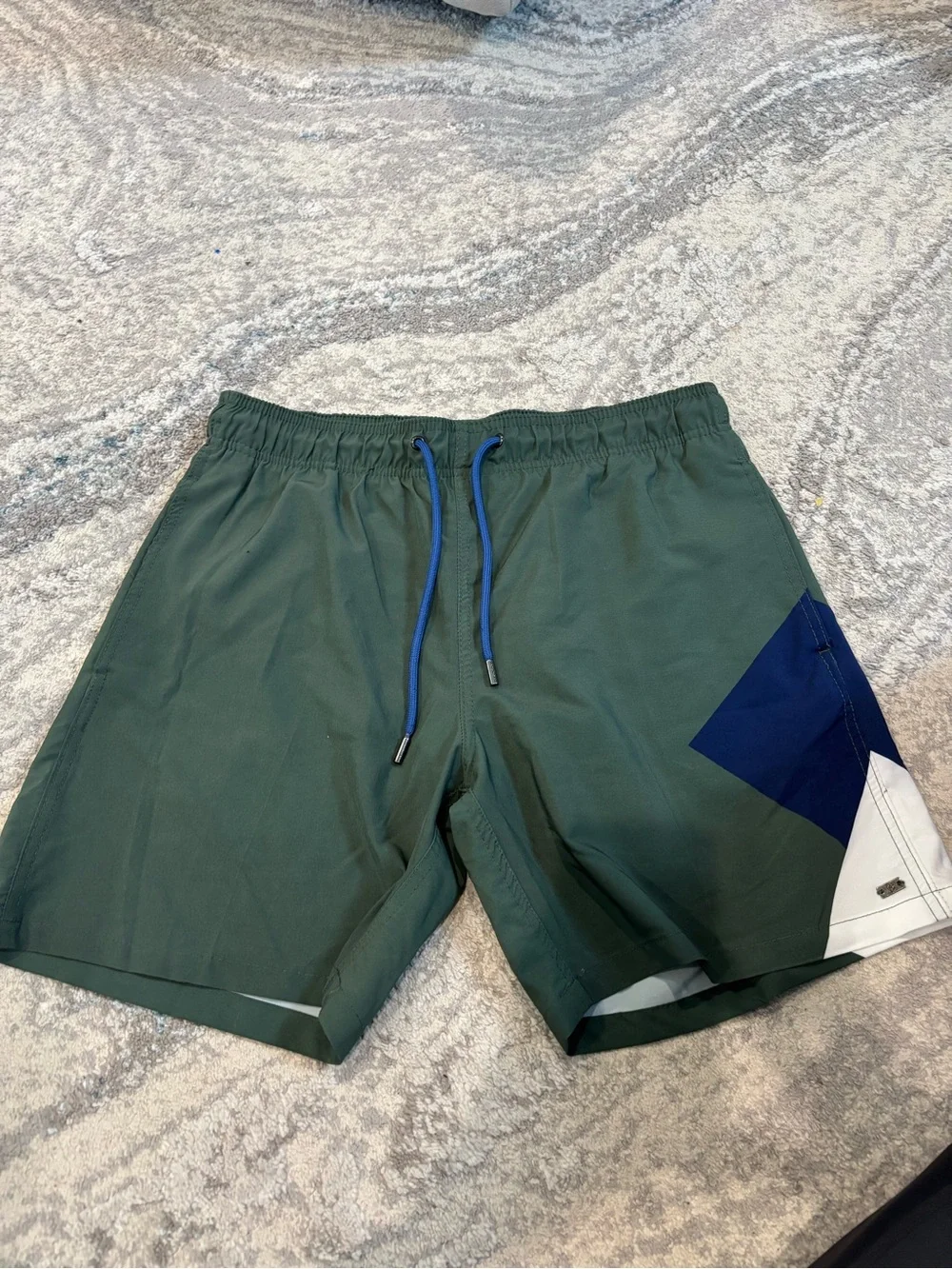 HARMONQLO Olive Green Swim Trunks with Blue Logo Tag